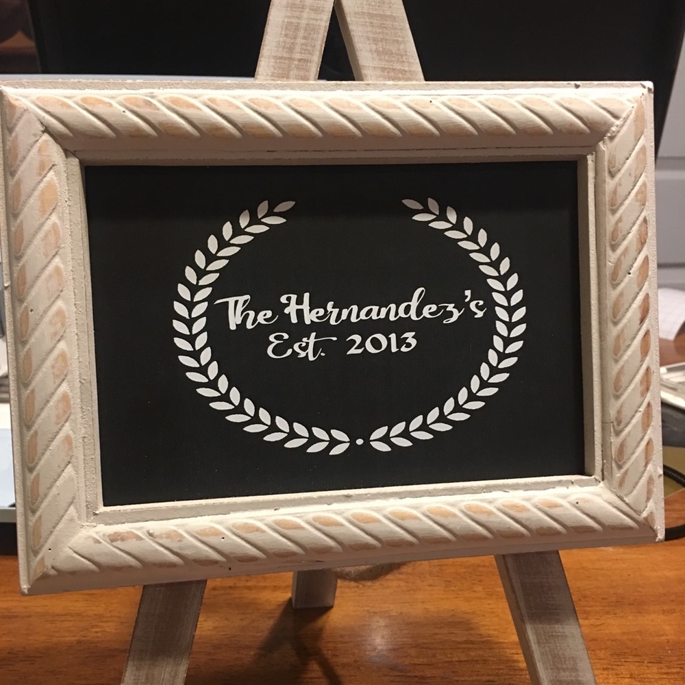Rustic easel with custom vinyl
